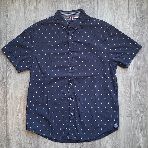 slim fit short sleeve dark blue button down with white skull print size L - Picture 1 of 7